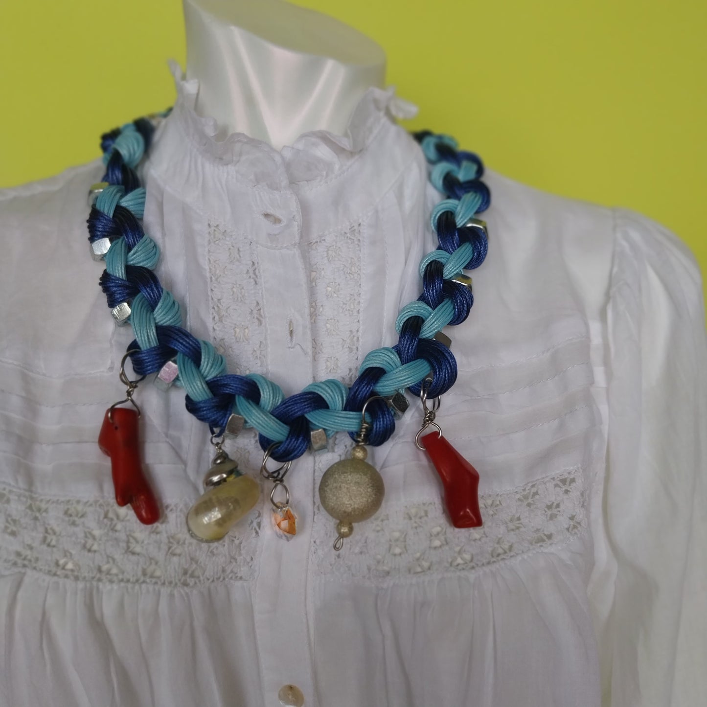 Handmade Positano necklace with blue and turquoise braided cord