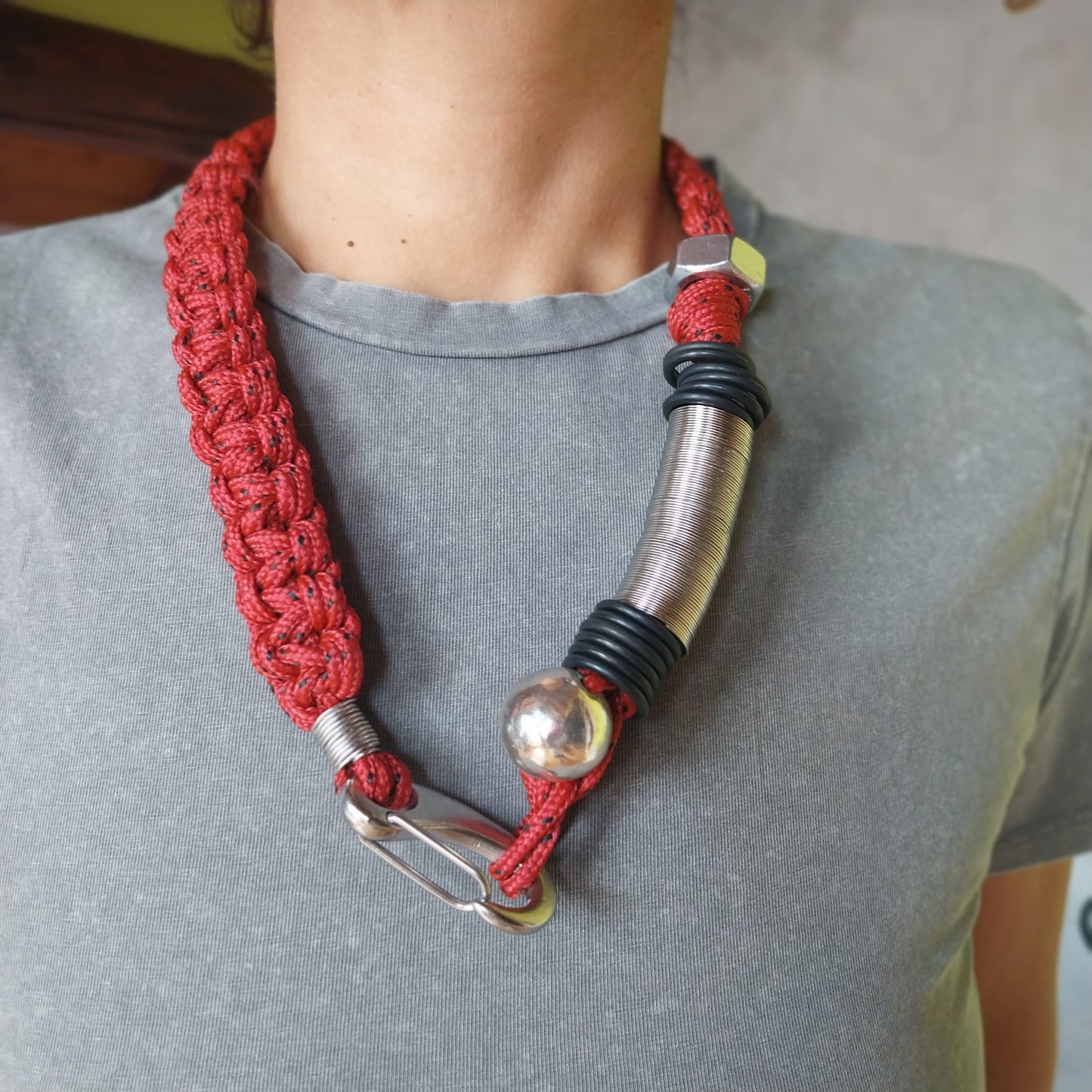 Urban Necklace handmade with red cord and steel details