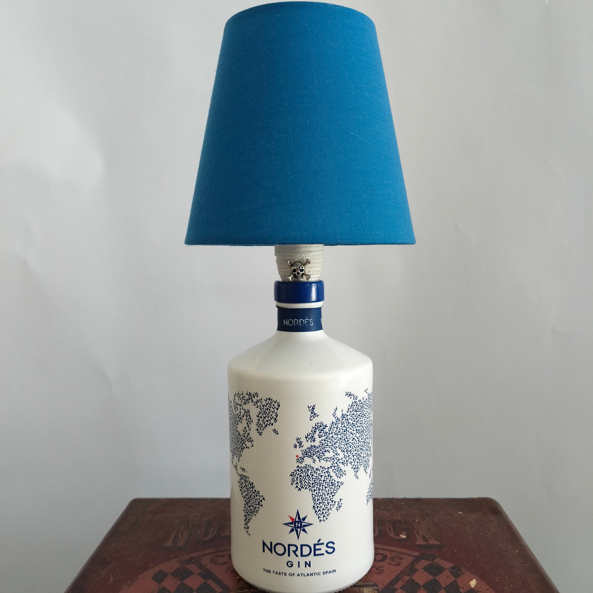 Cable Lamp Atlantic with Nordés Gin bottle base and blue lampshade