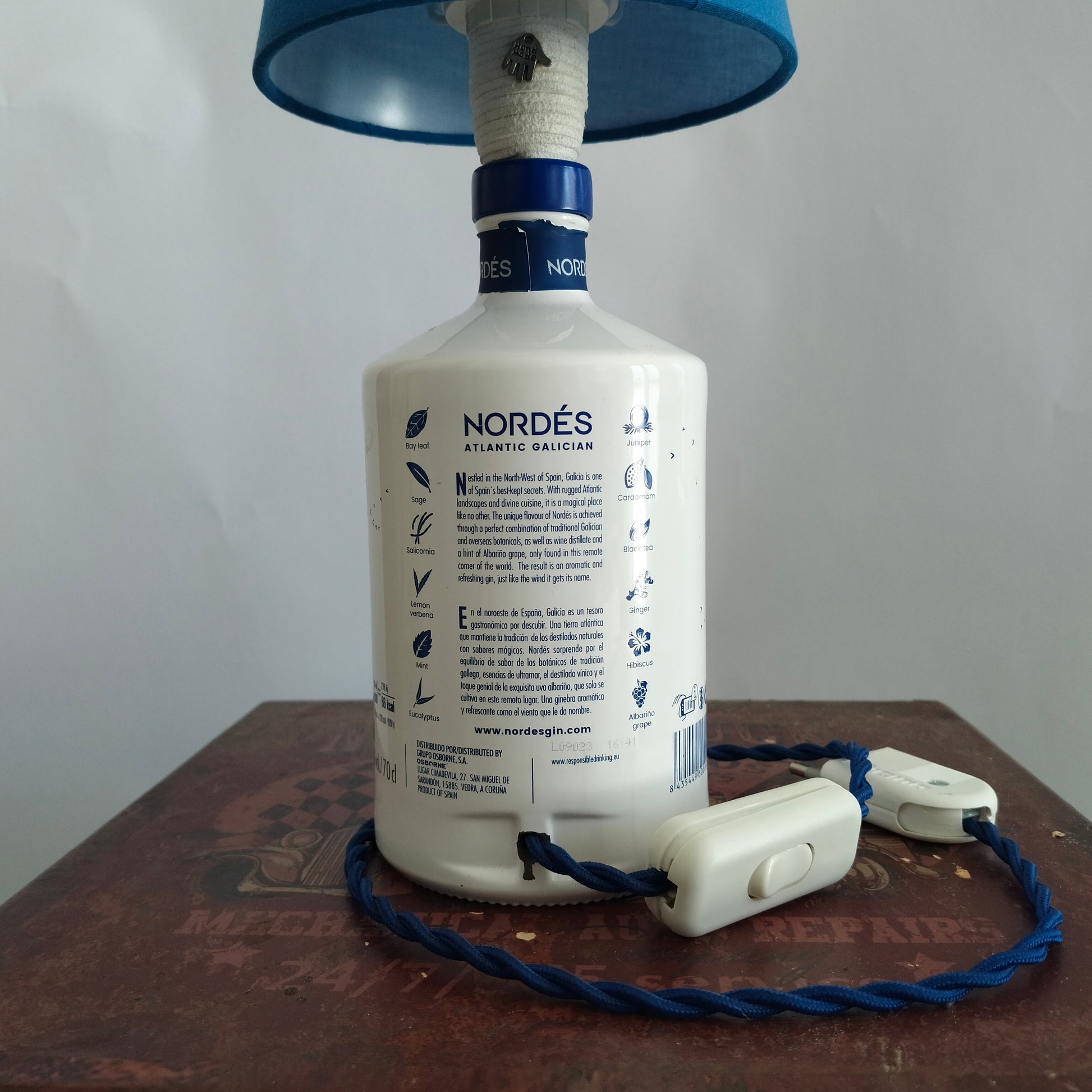Back view of Atlantic lamp with twisted blue cord and white plug