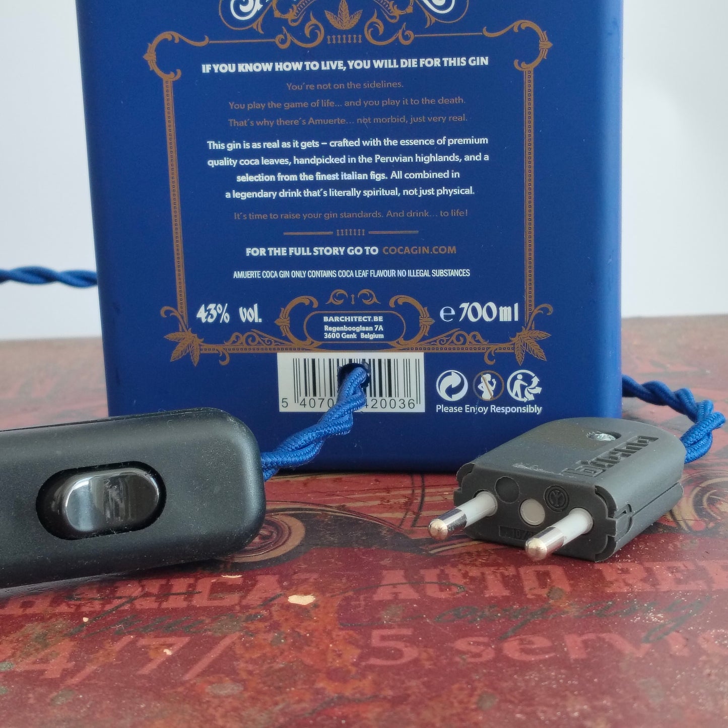 Decorative Amuerte Blue Edition lamp with LED bulb glowing