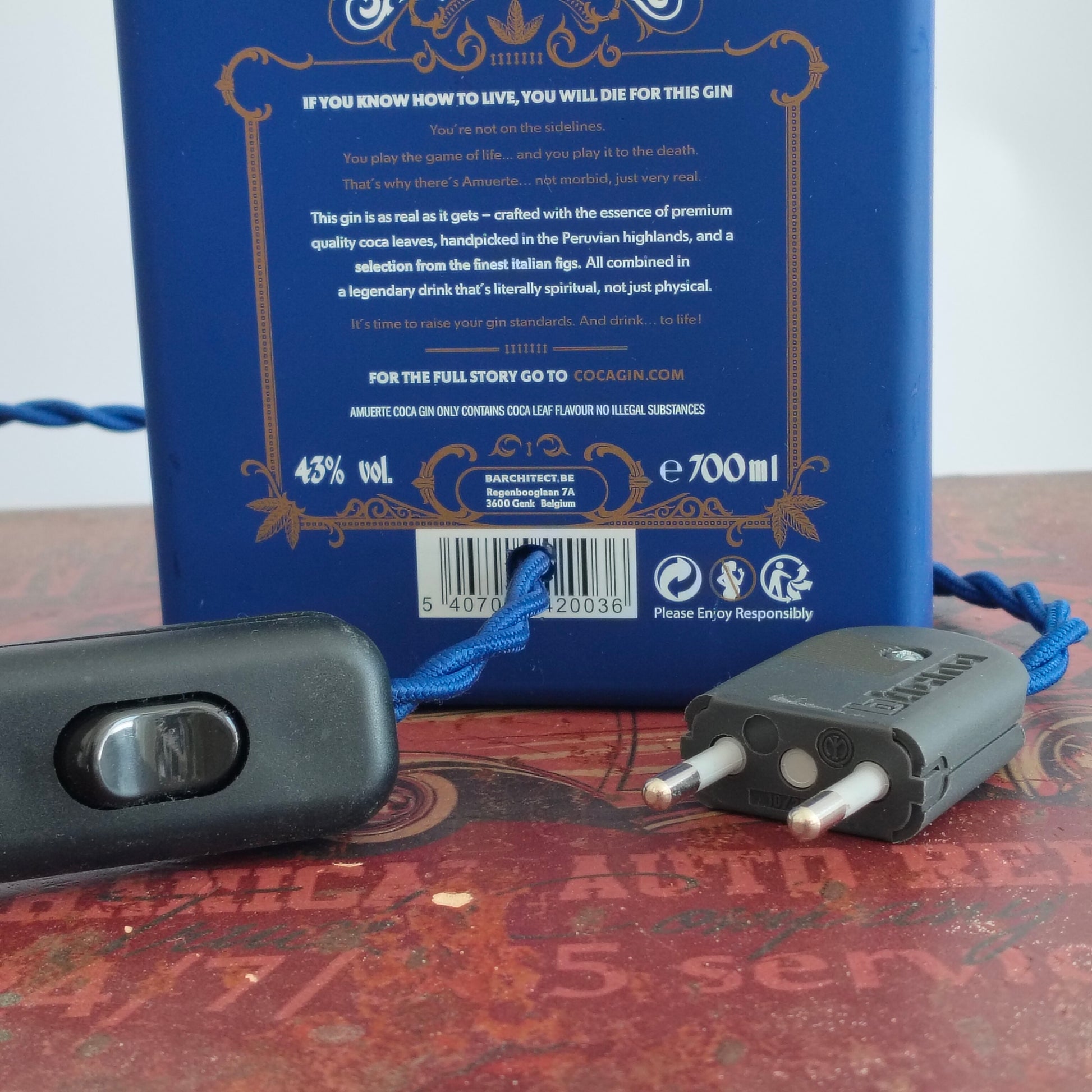 Decorative Amuerte Blue Edition lamp with LED bulb glowing