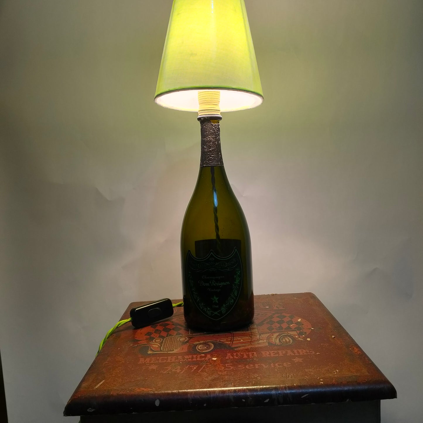 Luxury champagne bottle lamp with light-green lampshade