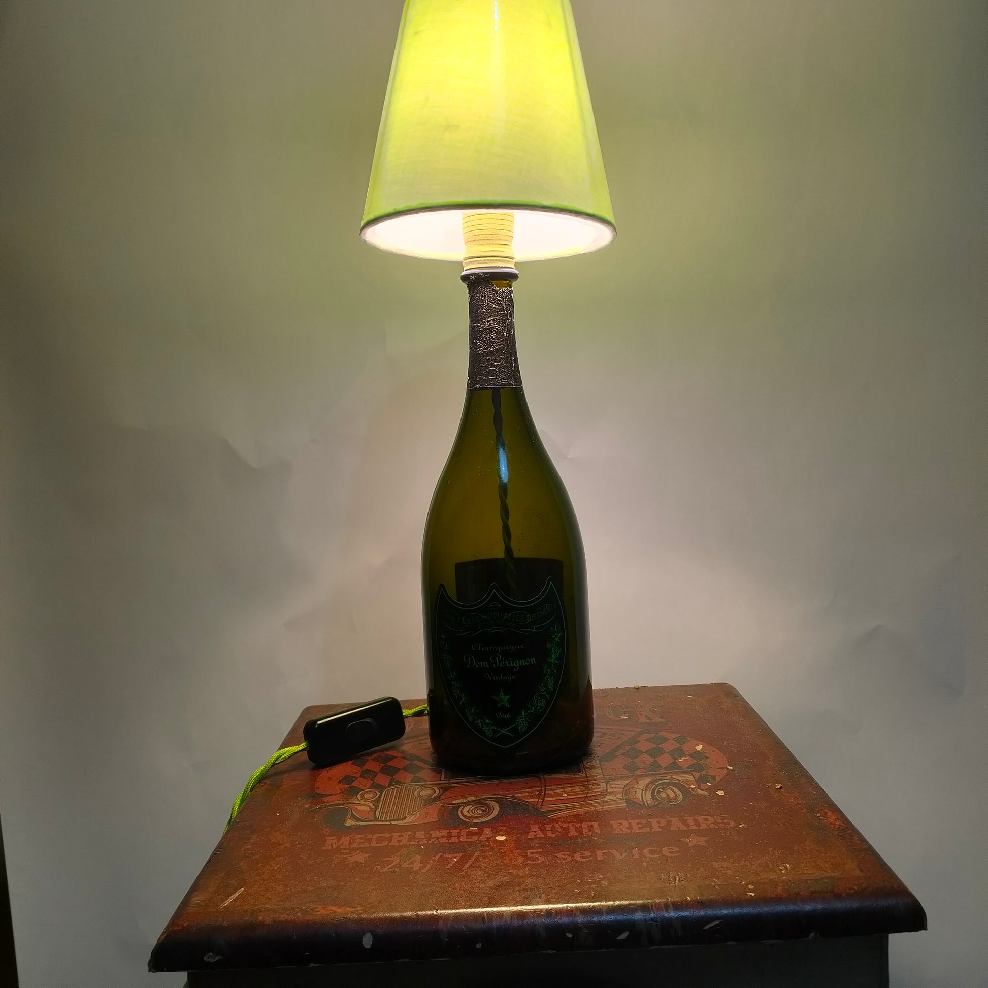 Luxury champagne bottle lamp with light-green lampshade