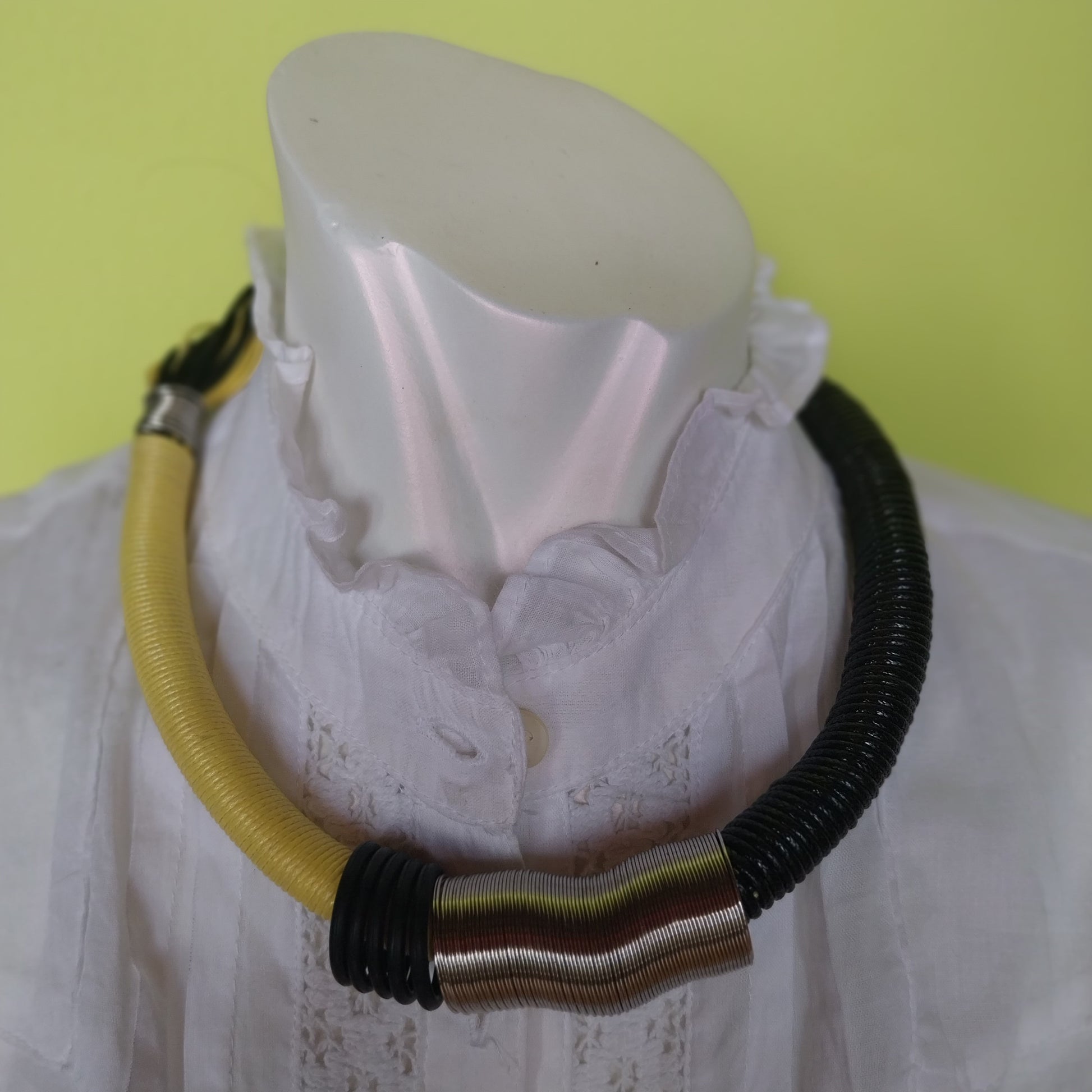 Handmade necklace with lemon yellow and black waxed cords