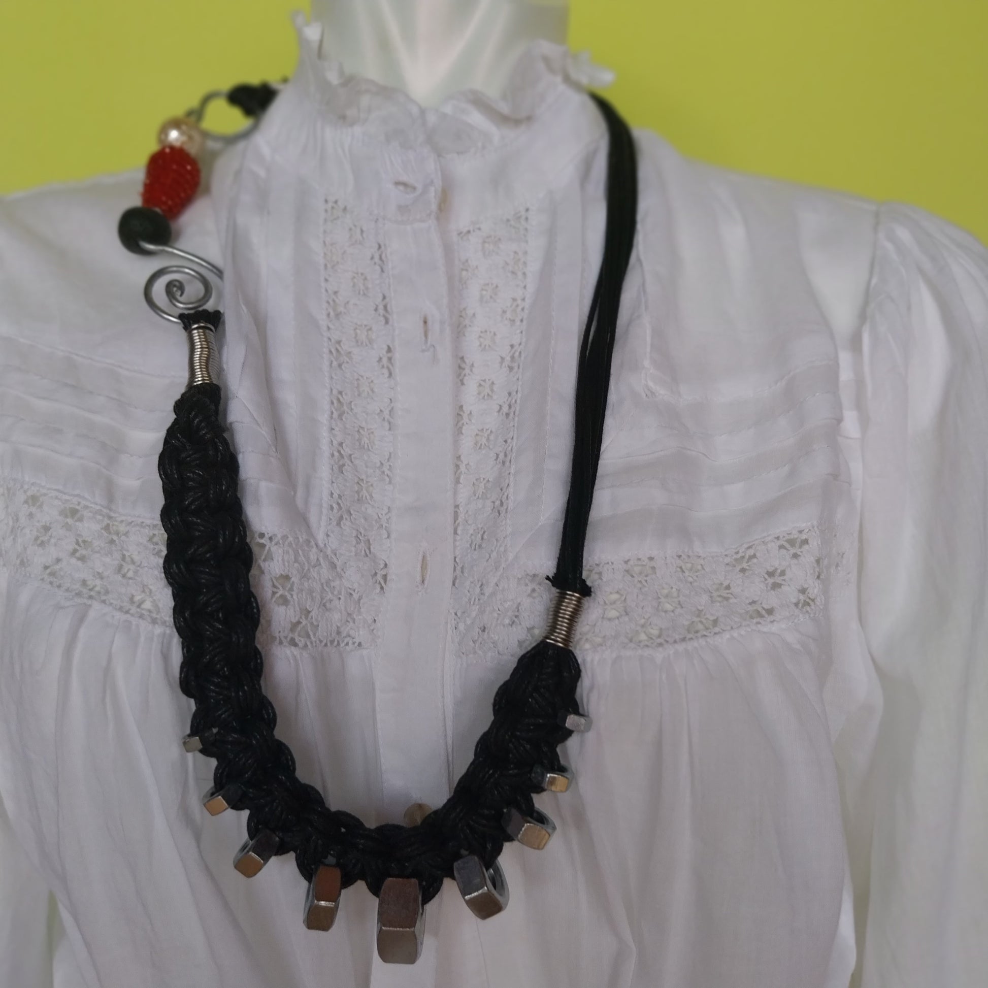 Harley Necklace handmade with black waxed cord and steel bolts