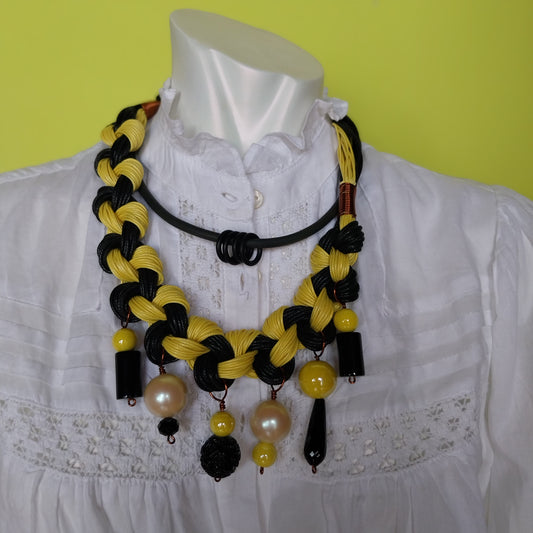 Ape Maya Necklace handmade with black and yellow waxed cord
