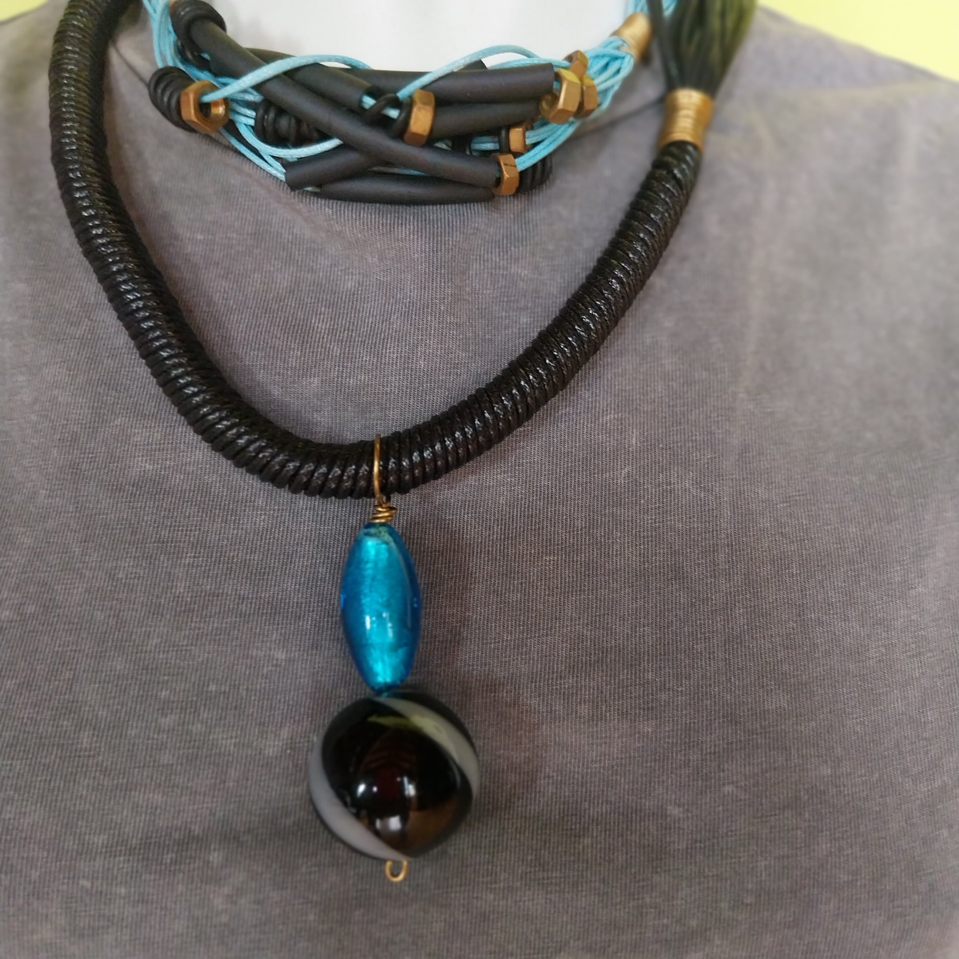 Scank Necklace handmade with turquoise and black waxed cord