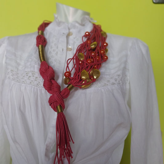 Capri Necklace handmade pink waxed cord and brass drops