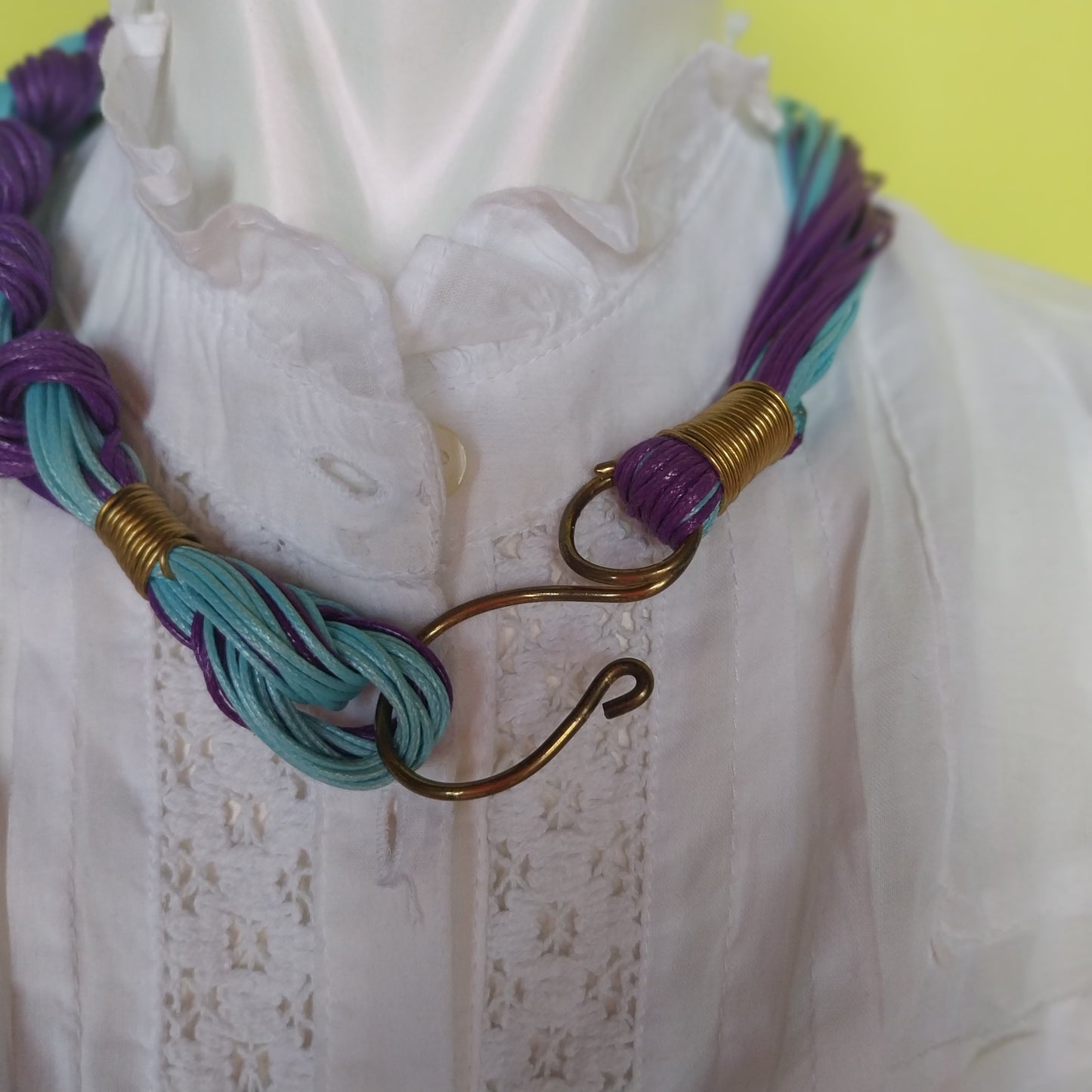 Indi Necklace handmade with turquoise and violet waxed cords